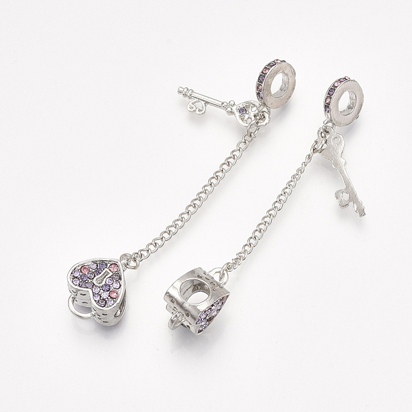 

PandaHall Alloy European Beads, with Iron Safety Curb Chains and Rhinestone, For European Bracelet Making, Heart & Key, Colorful, Platinum..., Multicolor