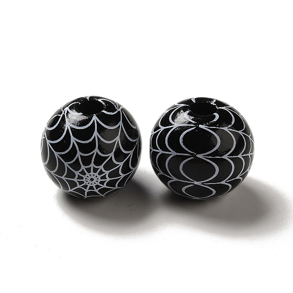 

PandaHall Halloween Printed Spider Webs Colored Wood European Beads, Large Hole Beads, Round, Black, 16mm, Hole: 4mm Wood Round Black