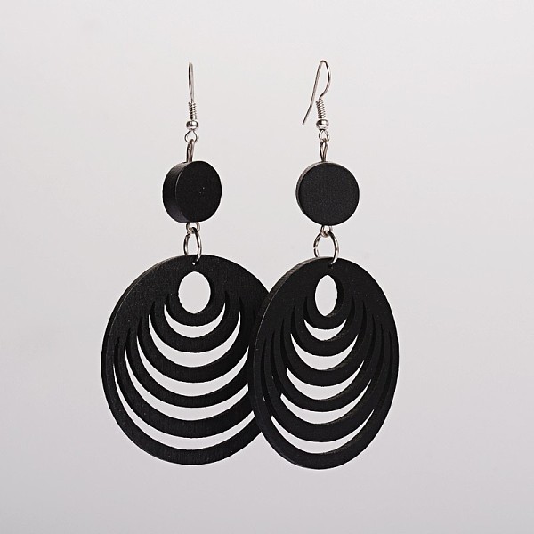 

PandaHall Trendy Wood Dangle Earrings, with Platinum Plated Iron Earring Hooks, Flat Round and Oval, Black, 94x49.5mm, Pin: 0.8mm Wood Black
