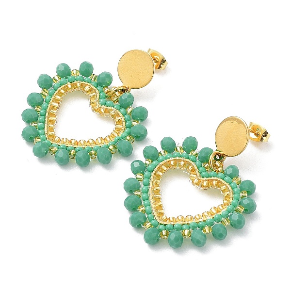 

PandaHall Vacuum Plating 304 Stainless Steel Earrings, Glass Seed Beaded Heart Dangle Stud Earrings, Medium Aquamarine, 41.5mm Glass Heart