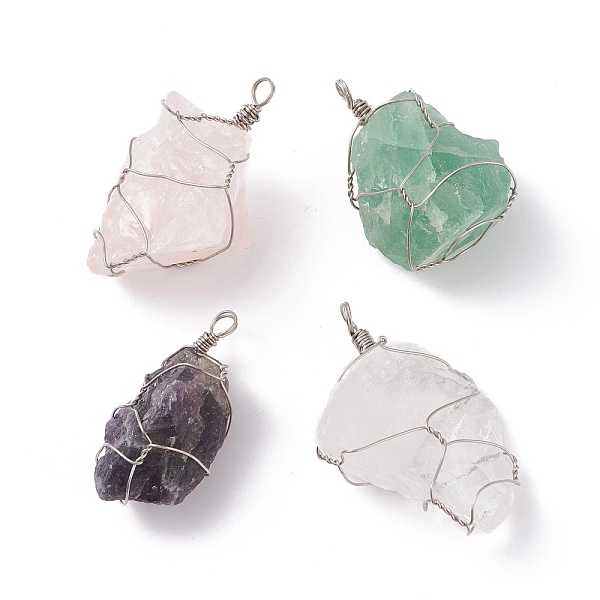 

PandaHall Rough Raw Natural Quartz Crystal & Rose Quartz & Fluorite & Amethyst Wire Warpped Pendants, Nuggets, Platinum...
