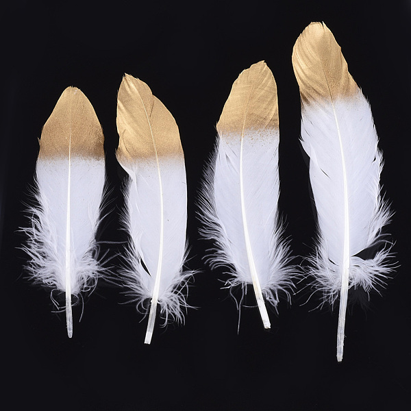 

PandaHall Goose Feather Costume Accessories, Dyed, Spray Gold Color, White, 170~220x40~45mm, about 100pcs/bag Feather Feather White