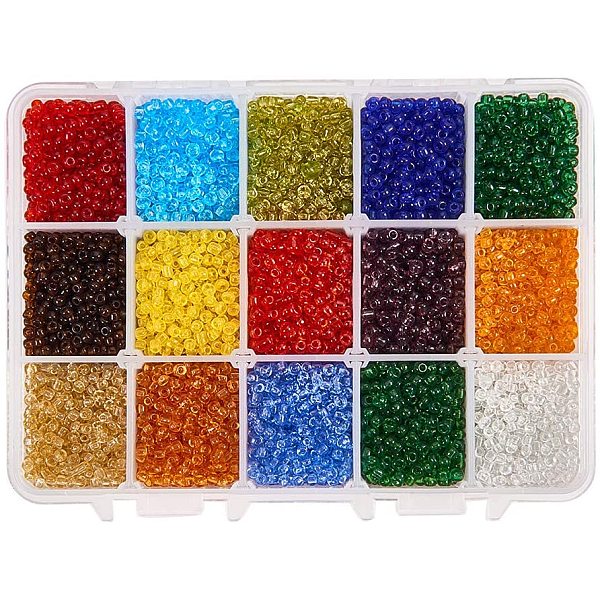 

PandaHall Glass Seed Beads, Transparent, Round, Mixed Color, 8/0, 3mm, Hole: 1mm, about 22g/color, about 7500pcs/box Glass Multicolor