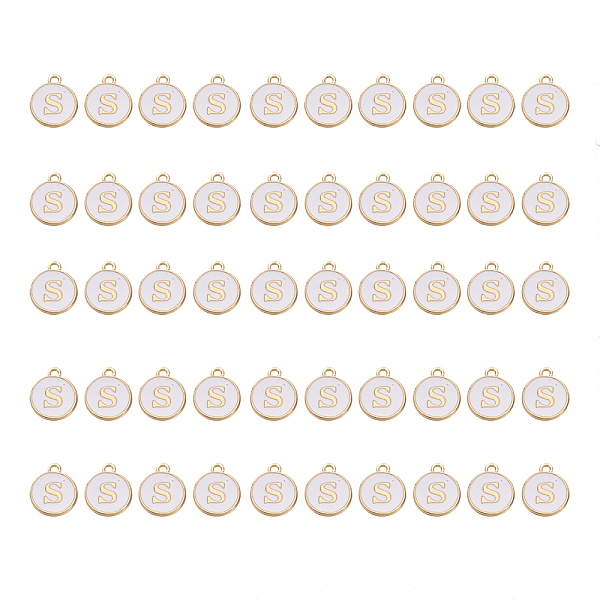 

PandaHall Golden Plated Alloy Charms, with Enamel, Enamelled Sequins, Flat Round, White, Letter.S, 14x12x2mm, Hole: 1.5mm, 50pcs/Box...