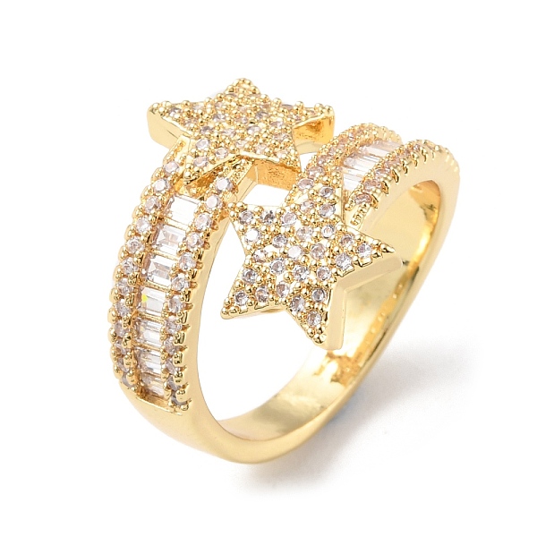 

PandaHall Clear Cubic Zirconia Double Star Open Cuff Rings, Brass Jewelry for Women, Cadmium Free & Lead Free, Real 18K Gold Plated, Inner...