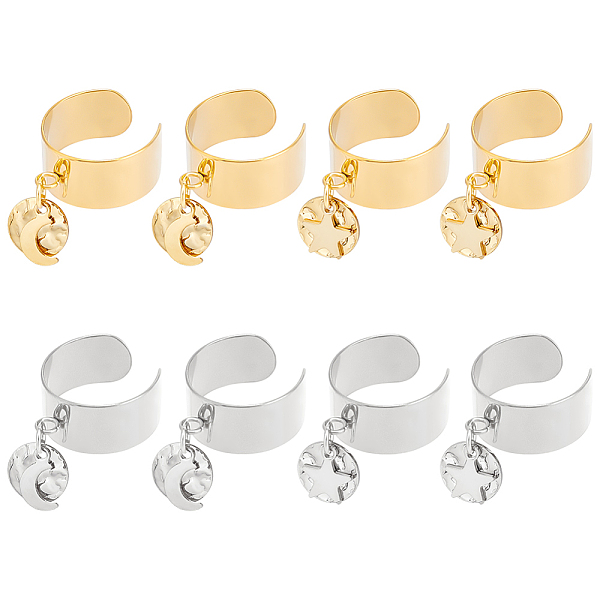 

PandaHall 8Pcs 4 Style 304 Stainless Steel Open Cuff Rings Set with Charms, Moon & Star & Flat Round, Golden & Stainless Steel Color, Inner...