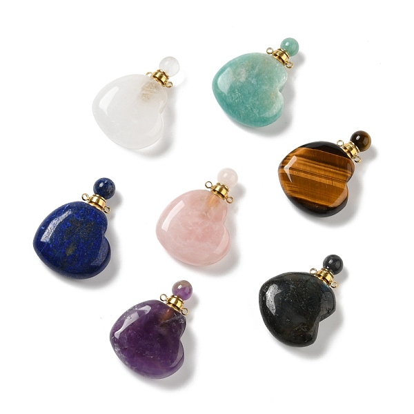 PandaHall Natural Mixed Stone Perfume Bottle Pendants, for Essential Oil, Perfume, with Golden Tone Brass Findings and Pipettes, Heart...