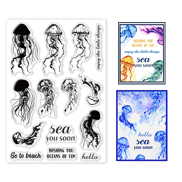 

PandaHall GLOBLELAND Go to Beach Clear Stamps Layered Jellyfish Blessings Words Silicone Clear Stamp Seals for Cards Making DIY Scrapbooking...