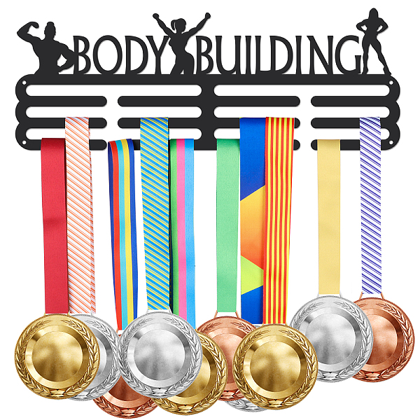 

PandaHall Fashion Iron Medal Hanger Holder Display Wall Rack, 3 Line, with Screws, Word Body Building, Sports Themed Pattern, 150x400mm Iron..., Black