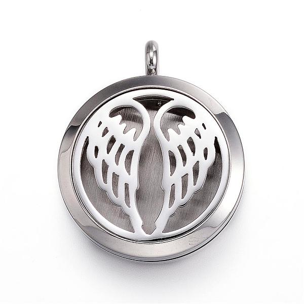 PandaHall 316 Surgical Stainless Steel Diffuser Locket Pendants, with Perfume Pad and Magnetic Clasps, Flat Round with Wings, Stainless...