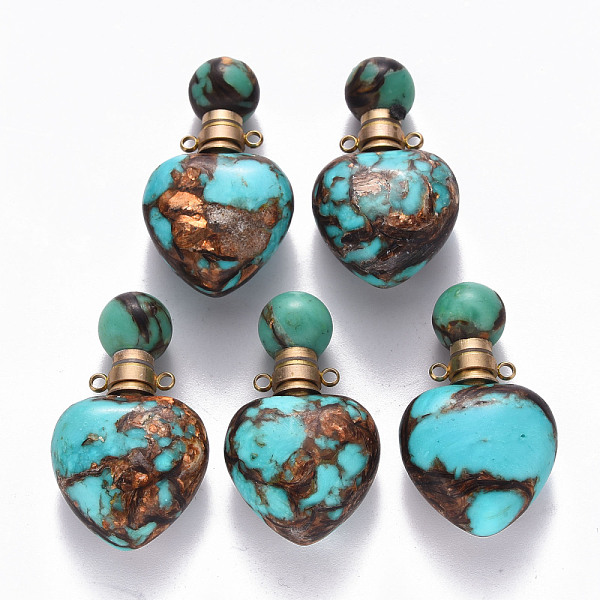 

PandaHall Heart Assembled Natural Bronzite and Synthetic Turquoise Openable Perfume Bottle Pendants, with Brass Findings, Dyed, Golden...