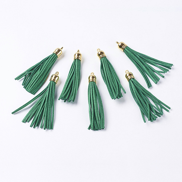 

PandaHall Faux Suede Tassel Big Pendant Decorations, with CCB Plastic Cord Ends, Golden, Sea Green, 84~89x11.5~12mm, Hole: 2.5mm Faux Suede...