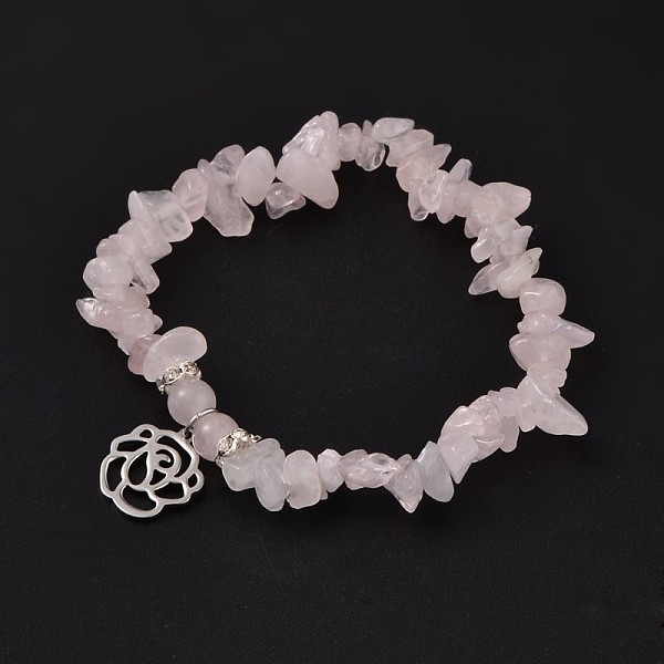 

PandaHall Natural Rose Quartz Beaded Stretch Bracelets, with 304 Stainless Steel Rose Charms, 53mm Rose Quartz