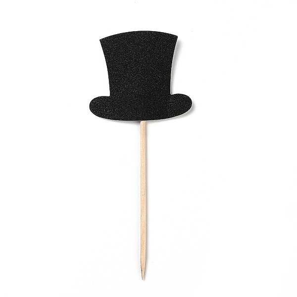 PandaHall Paper Hat Cake Insert Card Decoration, with Bamboo Stick, for Birthday Cake Decoration, Black, 124mm, 6pcs/Set Paper Hat Black