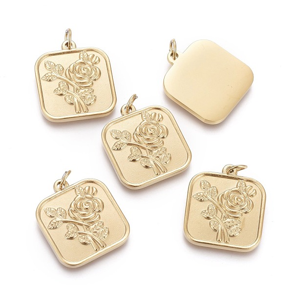 

PandaHall Valentine's Day Ion Plating(IP) 304 Stainless Steel Pendants, with Jump Rings, Square with Rose, Golden, 20x17.5x2mm, Hole: 3.5mm...