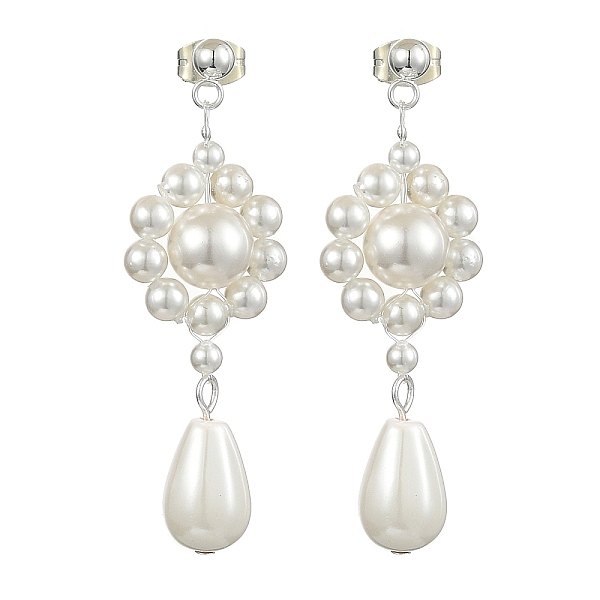 

PandaHall Shell Pearl Beaded Dangle Stud Earrings, Flower, 48x16mm Shell Flower White