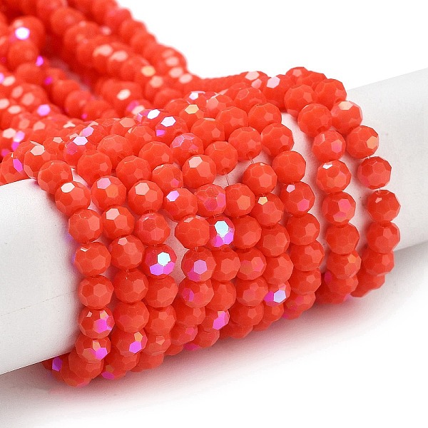 

PandaHall Opaque Glass Beads Strands, Faceted, Round, Red, 4mm, Hole: 0.8mm, about 87~93pcs/strand, 32~33cm Glass Round Red