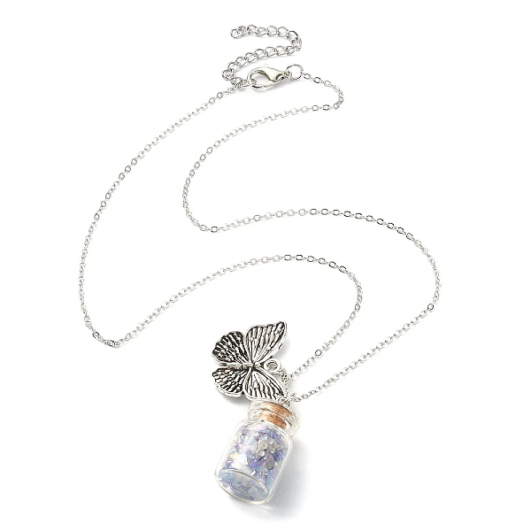 

PandaHall Butterfly Alloy Pendant Necklace, Glass Chips Wish Bottle Necklace, Antique Silver, 17.91 inch(45.5cm) Alloy Butterfly