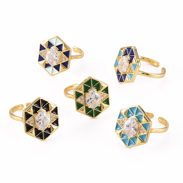

PandaHall Brass Micro Pave Clear Cubic Zirconia Cuff Rings, Open Rings, with Enamel, Cadmium Free & Nickel Free & Lead Free, Hexagon, Real..., Multicolor