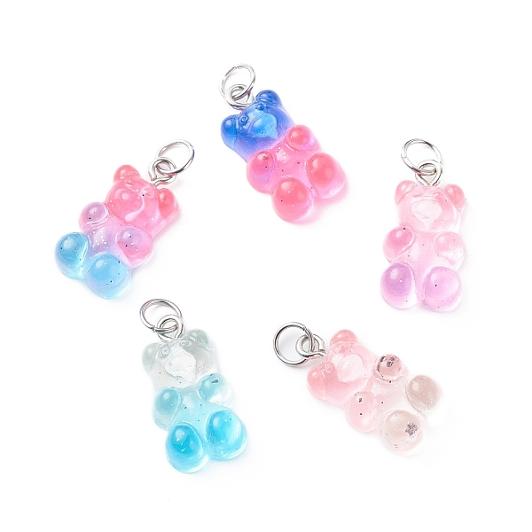 

PandaHall Gradient Color Transparent Resin Pendants, with Glitter Powder and Stainless Steel Color Tone 304 Stainless Steel Jump Rings, Bear..., Multicolor