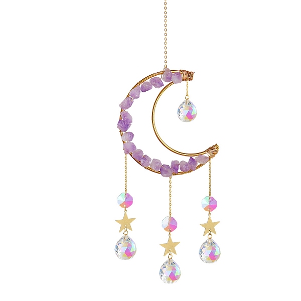 

PandaHall Natural Amethyst Chips Moon & Glass Teardrop Suncatchers, Hanging Ornaments Home Garden Decoration, Golden, 400mm Amethyst Moon