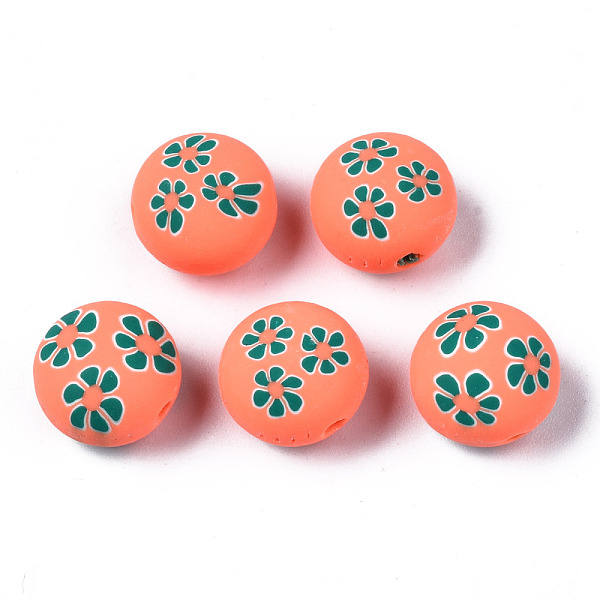PandaHall Handmade Polymer Clay Beads, for DIY Jewelry Crafts Supplies, Flat Round with Flower, Coral, 12x8.5mm, Hole: 1.6mm Polymer Clay...