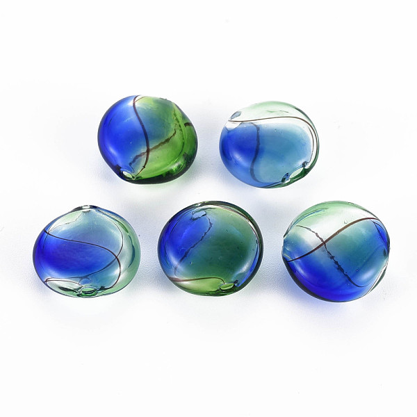 

PandaHall Transparent Handmade Blown Glass Globe Beads, Stripe Pattern, Flat Round, Blue, 16~17.5x8~9.5mm, Hole: 1~2mm Glass Flat Round Blue