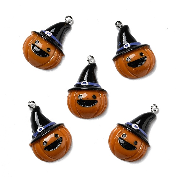 

PandaHall Halloween Opaque Resin Pendants, with Platinum Tone Iron Loops, Pumpkin with Witch Hat, Dark Orange, 32x21x7.5mm, Hole: 2mm...