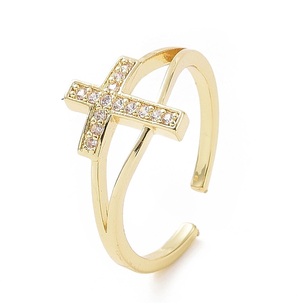 

PandaHall Brass Micro Pave Cubic Zirconia Rings, Open Cuff Ring, Religion Cross Ring for Women, Golden, 1.5mm, Inner Diameter: 18mm..., Clear
