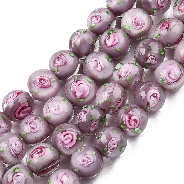 

PandaHall Handmade Lampwork Beads Strands, Round with Flower, Rosy Brown, 9.5mm, Hole: 1.5mm, about 50pcs/strand, 18.90 inch(48cm) Lampwork...