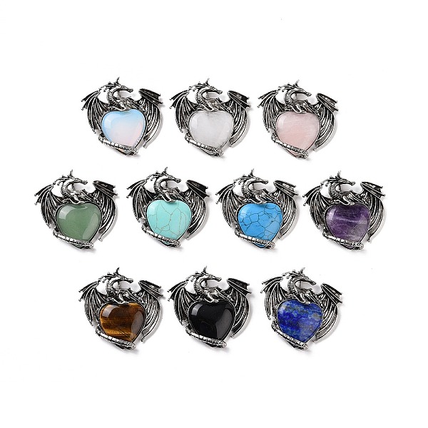 

PandaHall Natural & Synthetic Mixed Gemstone Pendants, Heart Charms, with Rack Plating Antique Silver Tone Alloy Dragon Findings, Mixed Dyed...
