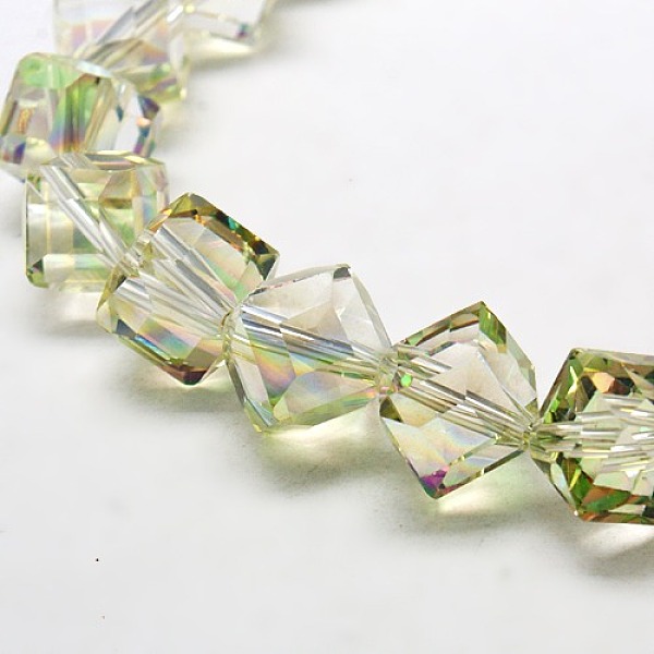 

PandaHall Full Rainbow Plated Crystal Glass Cube Beads, Faceted, Pale Green, 12.6x13.8x10~11mm, Hole: 1.8mm Glass Cube Green