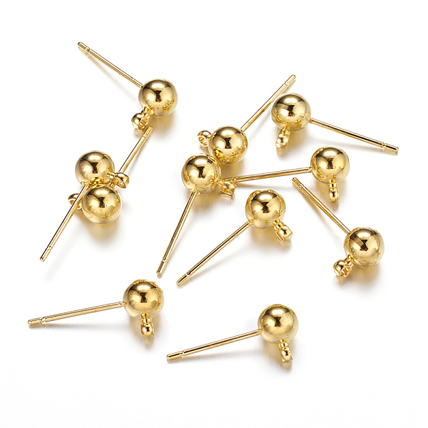 

PandaHall Brass Ball Post Ear Studs, with Loop & 304 Stainless Steel Pins, Golden, 15.2~15.7x5mm, Hole: 1mm, Pin: 0.7mm Brass Round