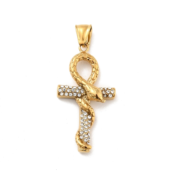 

PandaHall Ion Plating(IP) 304 Stainless Steel Pendants, with Rhinestone, Cross with Snake, Golden, 45x23.5x7.5mm, Hole: 3.5x8mm 304..., Clear