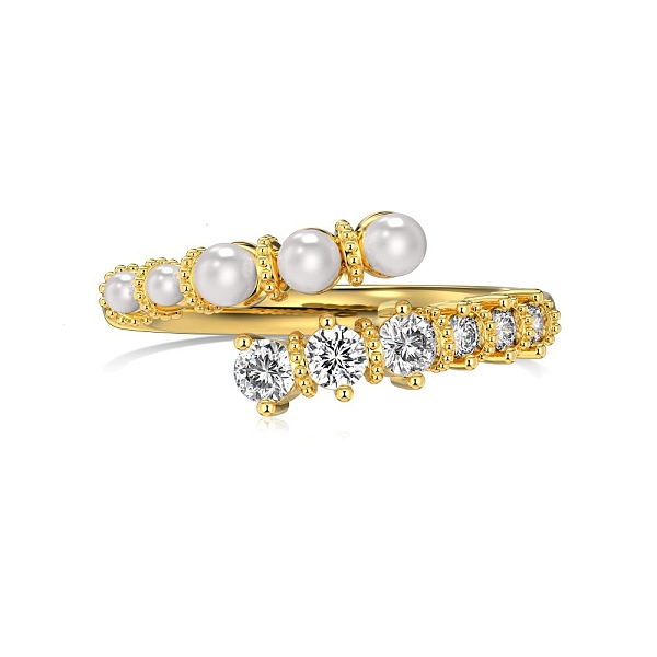 

PandaHall Round Shell Pearl & Clear Cubic Zirconia Cuff Ring, 925 Sterling Silver Open Ring for Women, Real 18K Gold Plated, Adjustable...
