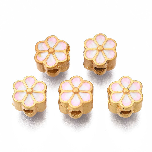 

PandaHall Rack Plating Alloy Enamel Beads, Cadmium Free & Lead Free, Matte Gold Color, Flower, Pink, 7x7x6.5mm, Hole: 2mm Alloy+Enamel...
