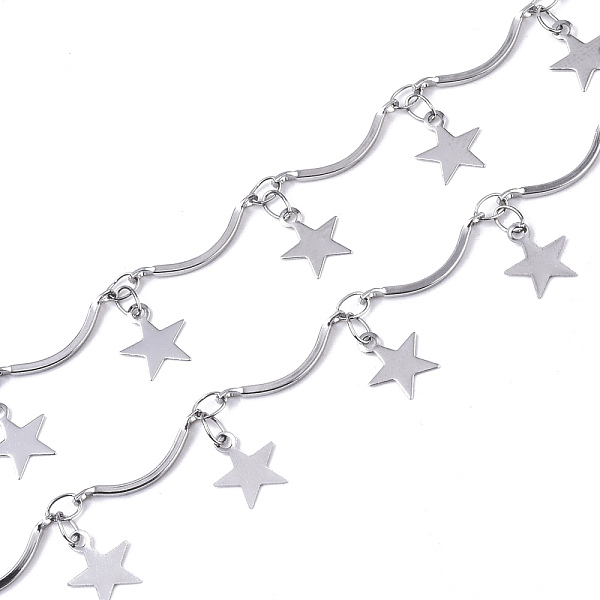 

PandaHall 304 Stainless Steel Curved Bar Link Chains, Scalloped Bar Chain, with Star Charms, Soldered, Stainless Steel Color, Link...
