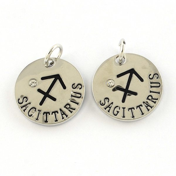 

PandaHall Alloy Pendants, with Rhinestone, Flat Round, with Constellation/Zodiac Sign, Platinum, Sagittarius, 22x2.5mm, Hole: 5.5mm..., Clear
