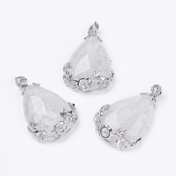 

PandaHall Natural Quartz Crystal Pendants, Rock Crystal Pendants, with Brass Findings, Teardrop with Flower, Platinum, Cadmium Free & Lead...