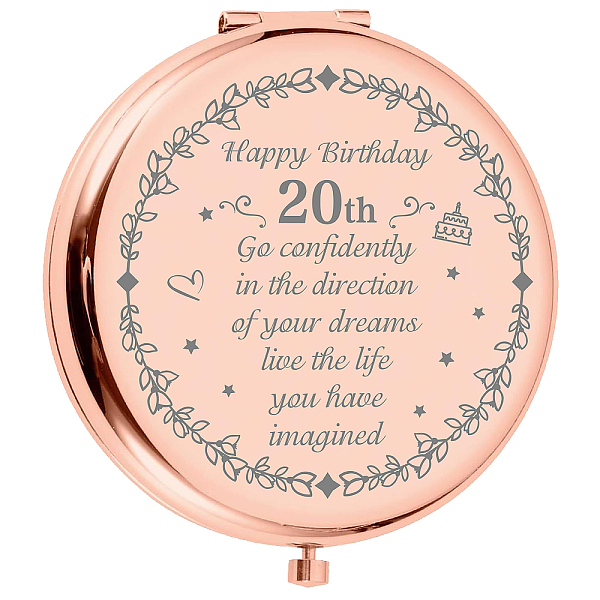 PandaHall CREATCABIN 1Pc Stainless Steel Customization Mirror, Flat Round, with 1Pc Rectangle Velvet Pouch, Birthday Themed Pattern, Rose...