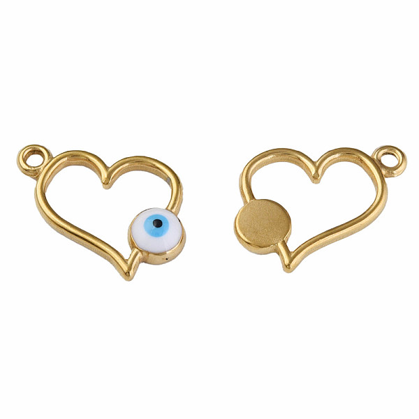 

PandaHall 201 Stainless Steel Enamel Pendants, Heart with Evil Eye, Golden, White, 15x17x3mm, Hole: 1.6mm Stainless Steel+Enamel Heart White