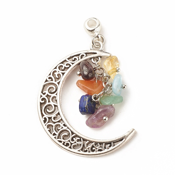 

PandaHall 7 Chakra Natural Mixed Gemstone Chip Pendants, Antique Silver Plated Alloy Moon Charms, 40x30x1.8mm, Hole: 1.5mm Mixed Stone Moon