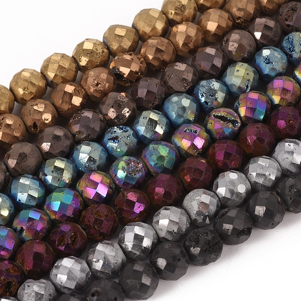 

PandaHall Electroplate Natural Druzy Geode Quartz Crystal Beads Strands, Faceted, Round, Mixed Color, 6mm, Hole: 1.4mm, about 73pcs/strand...