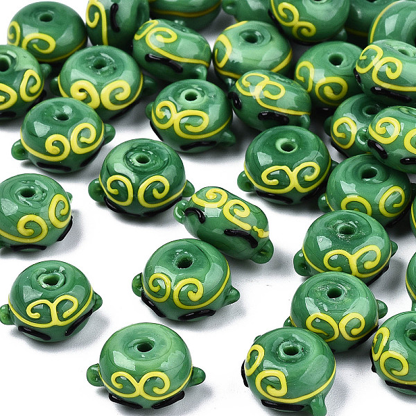 

PandaHall Handmade Bumpy Lampwork Beads, Sun Wukong Style, Abacus with Gold Hoop Pattern, Green, 15~16x12~13x8mm, Hole: 1.6~2mm Lampwork...
