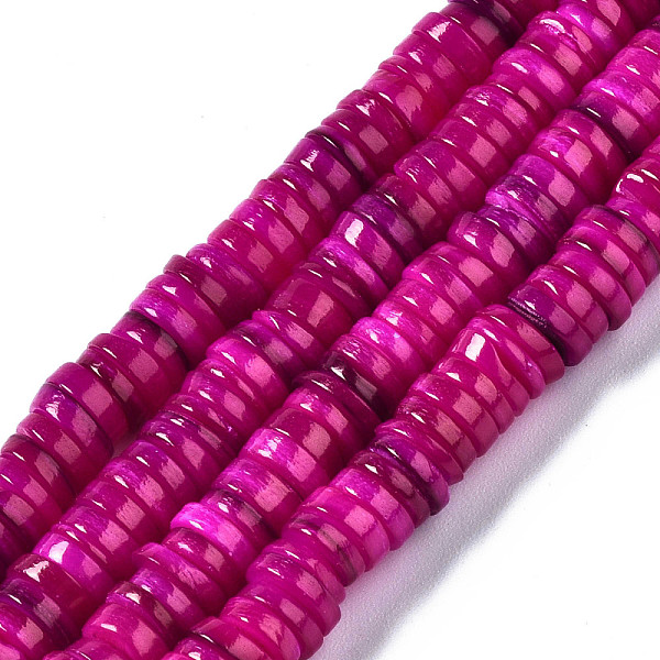 

PandaHall Natural Freshwater Shell Beads Strands, Dyed, Flat Round/Disc, Heishi Beads, Camellia, 6x6x1~2.5mm, Hole: 1mm, about..., Pink