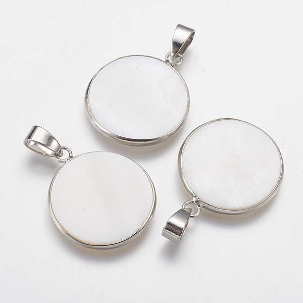 

PandaHall Natural White Shell Mother of Pearl Shell Pendants, with Platinum Tone Brass Findings, Flat Round, 24~27x20~23x2.5mm, Hole: 4x7mm...