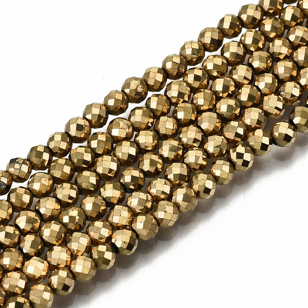 PandaHall Electroplate Non-magnetic Synthetic Hematite Beads Strands, Round, Faceted, Real 18K Gold Plated, 3mm, Hole: 1mm, about...