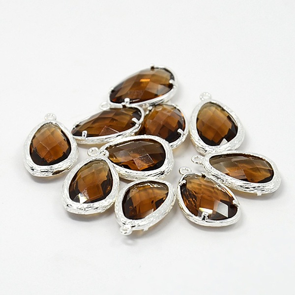 

PandaHall Silver Color Plated Brass Glass Pendants, Faceted Teardrop Charms, Sienna, 22x14x6mm, Hole: 1mm Brass+Glass Teardrop Brown