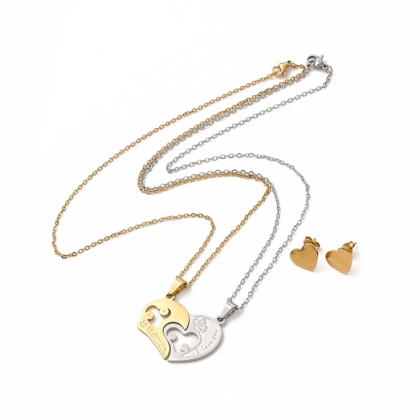 

PandaHall Heart Matching Couple Pendant Necklaces & Stud Earrings, Vacuum Plating 304 Stainless Steel Word I Love You Jewelry Set for...