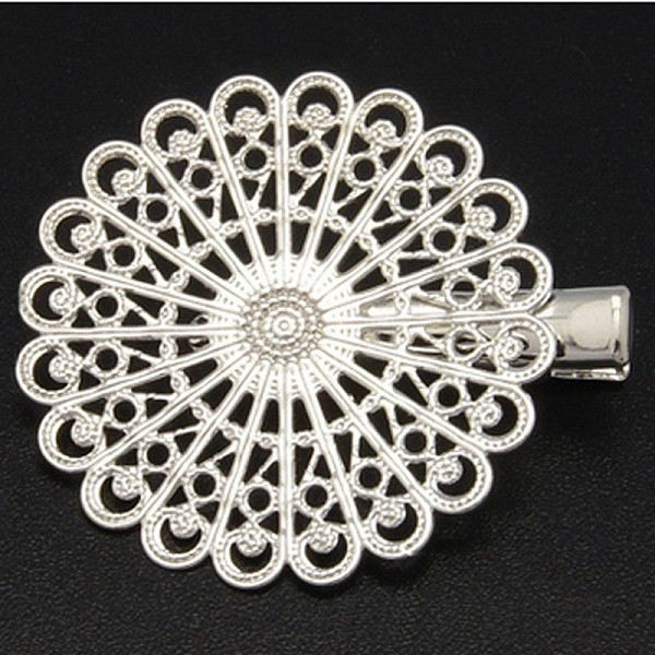 

PandaHall Iron Hair Clip, with Brass Flower Tray, Silver Color Plated, 38x39~45mm Brass